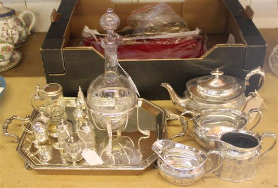 Quantity plated items, inc Community canteen, presentation tray, tea ware, decanter with stand, condiments, misc flatware, etc